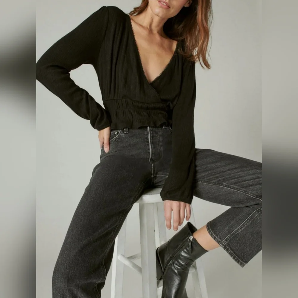 Lucky Brand Pointelle-Trim Surplice Top Jet Black XL New - Picture 2 of 10